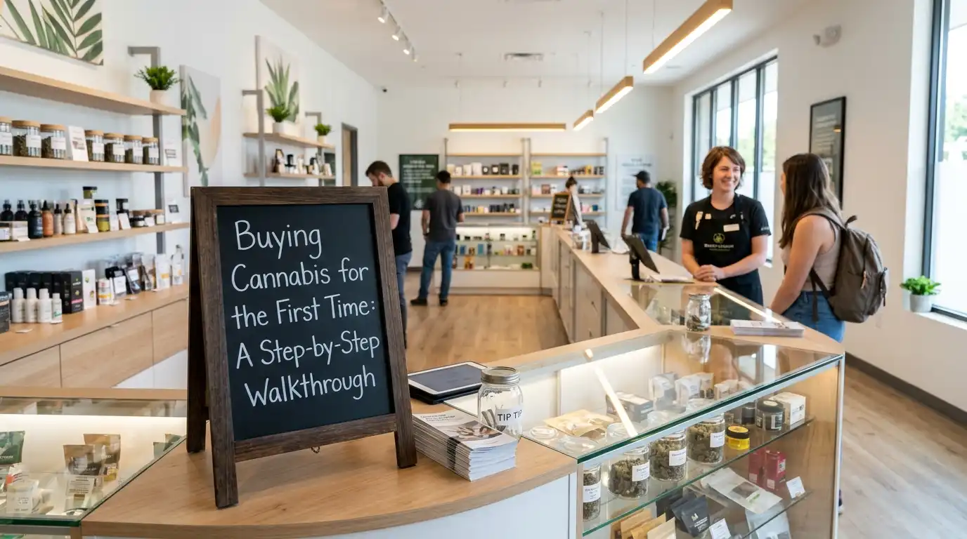 Buying Cannabis for the First Time: A Step-by-Step Walkthrough written on a chalkboard sign inside a modern dispensary.