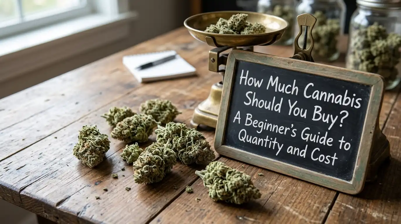 How Much Cannabis Should You Buy? A Beginner’s Guide to Quantity and Cost written on a small chalkboard next to cannabis flower and a scale.