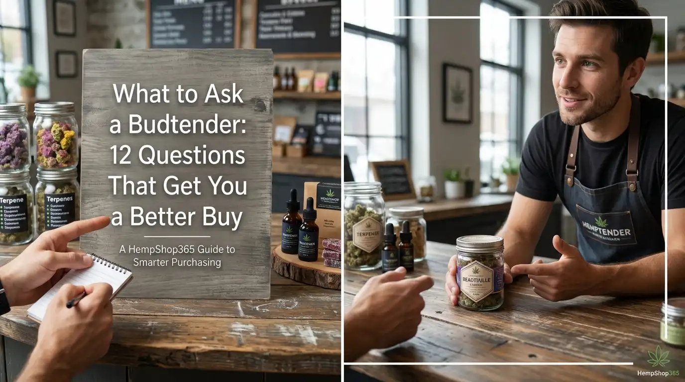 Budtender answering customer questions behind a dispensary counter.